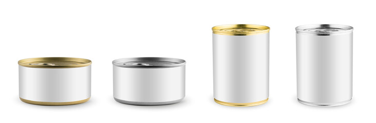 Set of mockups. White blank tincan silver and gold metal Tin Can, canned Food. Isolated on white...