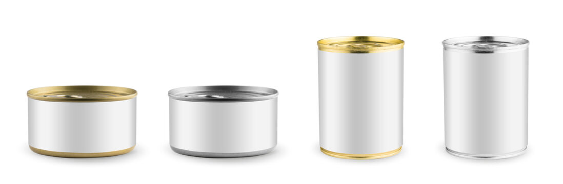 Set of mockups. White blank tincan silver and gold metal Tin Can, canned Food. Isolated on white background. Ready for your design. Real product packing.