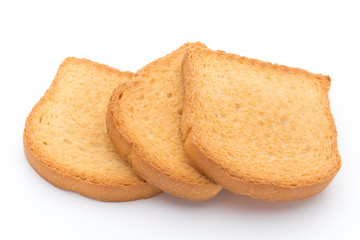 Slices of toast bread on wooden table, top view.