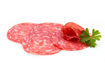 Salami smoked sausage slices isolated on white background cutout.