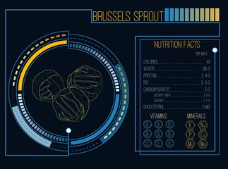 Brussels Sprout. Nutrition facts. Vitamins and minerals. Futuristic  Interface. HUD infographic elements. Flat design, no gradient. Vector illustration