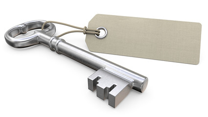 Key with tag. Old worn Key and Blank Tag label for Copy Space. 3D render.