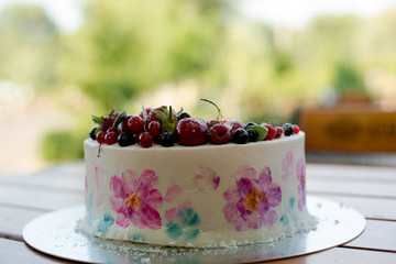 Fresh berries on the tart cake from above.Selective focus on the tart