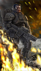 Soldier standing after a battle. Science fiction illustration.