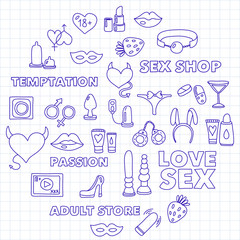 Pattern with toys for adults Sex shop, adult shop, adult store