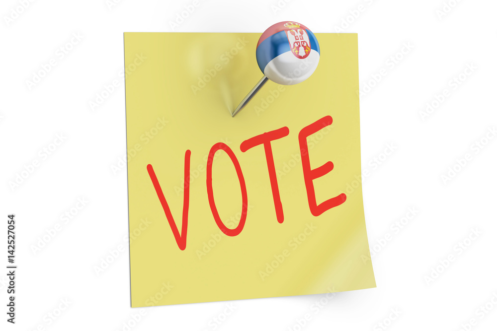 Poster serbian election concept. vote text on a sticky note pinned push pin with flag of serbia. 3d renderi