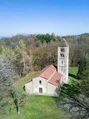 Aerial view of a old italian rural church. San Secondo is an antique small church (11th century),...