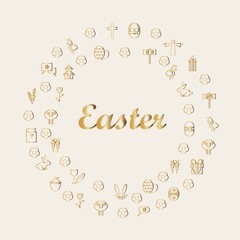 Easter typography banner, round background, gold icons stock vector illustration