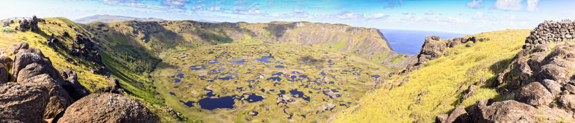 Fototapeta na wymiar Panoramic View of Crater in the Easter Island / Fresh Water in the Easter Island - of Crater Volcano Rano Kau