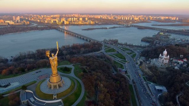 Kiev City - the capital of Ukraine. Kyiv. Mother Motherland, The monument is located on the banks of Dnieper River. Kiev, Ukraine Aerial view