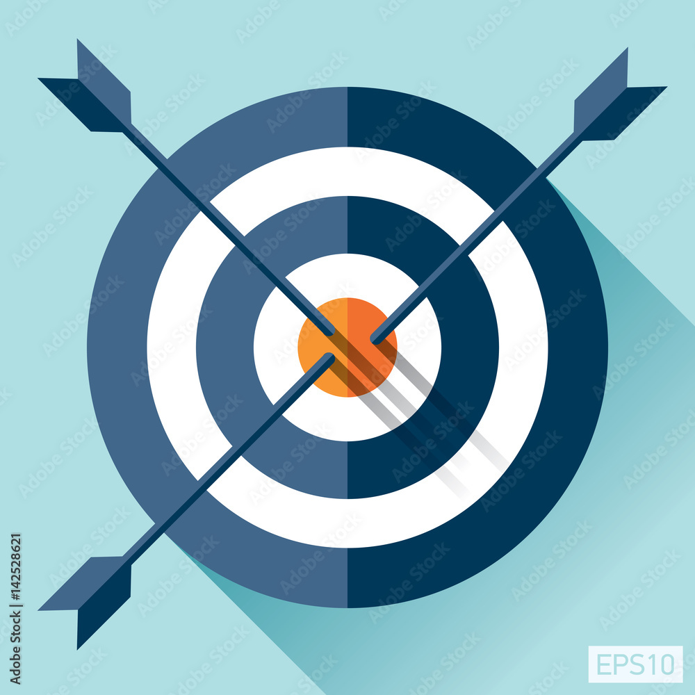 Poster target icon in flat style on color background. three arrow in the center. vector design element