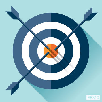 Target icon in flat style on color background. Three arrow in the center. Vector design element