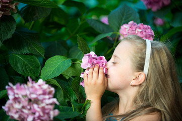 small baby girl with smiling face among pink hydrangea blossom