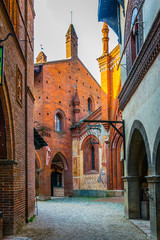 view of borgo medievale castle looking buidling in the italian city torino - obrazy, fototapety, plakaty
