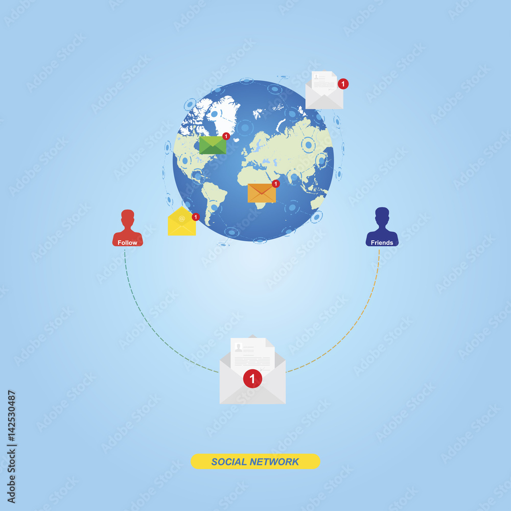Poster interconnection and communication of people. a new message on the background of the globe. flat vect