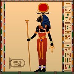 Religion of Ancient Egypt. Sekhmet - Goddess of the scorching sun, war and healing. Ancient Egyptian goddess with the head of a lioness. Vector illustration.
