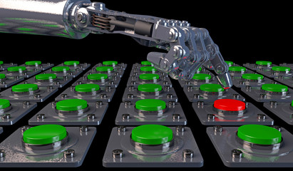 3D illustration of a robot hand about to push a red button among a set of green buttons. Depicting increased use of artificial intelligence and robotics in every day life.