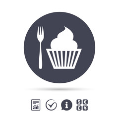 Eat sign icon. Dessert fork with muffin.