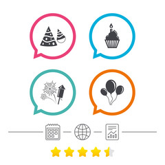 Birthday party. Cake, balloon, hat and fireworks.