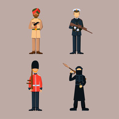 Military soldier character weapon symbols armor man silhouette forces design and american fighter ammunition navy camouflage sign vector illustration.