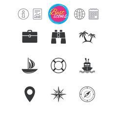 Naklejka premium Cruise trip, ship and yacht icons. Travel signs.