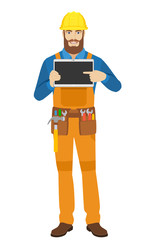 Worker pointing at digital tablet PC