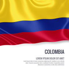Silky flag of Colombia waving on an isolated white background with the white text area for your advert message. 3D rendering.