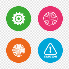 Wood and saw circular wheel icons. Attention.