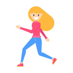 Vector flat cartoon happy young blonde girl run