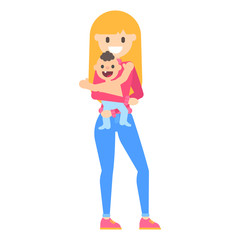 Vector flat cartoon happy young blonde girl with baby