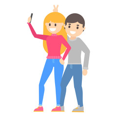Vector flat cartoon happy young blonde girl and funny guy makes a selfie