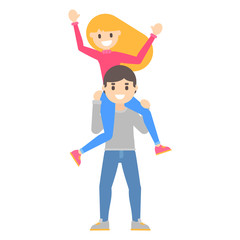 Vector flat cartoon happy young blonde girl and funny guy tomfoolery