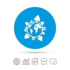 Happy new year earth sign icon. Gifts and trees.