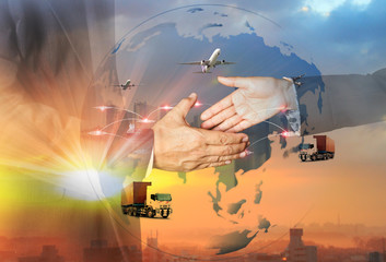 Logistics global transportation concept. Maritime and land transport, air transport on world map background use for import export shipping industry