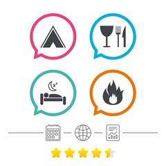 Fototapeta premium Food, sleep, camping tent and fire signs.