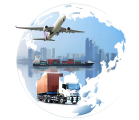 Logistics global transportation concept. Maritime and land transport, air transport on world map...