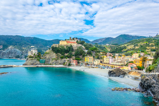 aerial view of monterosso al mare village which is part of the famous cinque terre region in Italy.