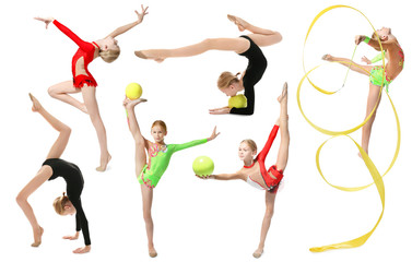 Girl doing gymnastics exercises on white background