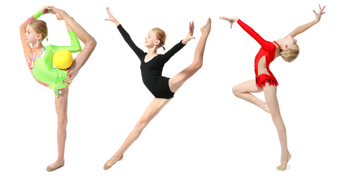 Girl doing gymnastics exercises on white background