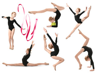 Girl doing gymnastics exercises on white background