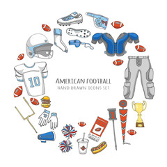 Fototapeta na wymiar Hand drawn doodle american football set Vector illustration Sketchy sport related icons football elements, ball helmet jersey pants knee thigh shoulder pads cleats field cheerleading down indicator