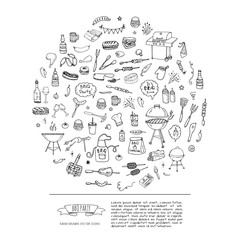 Hand drawn doodle BBQ party icons set Vector illustration summer barbecue symbols collection Cartoon various meals, drinks, ingredients and decoration elements on white background Sketch