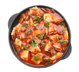 Chicken cacciatore in frying pan isolated on white