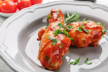 Plate with tasty chicken cacciatore, closeup