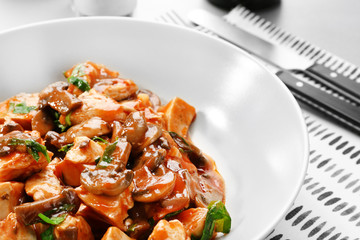 Plate with tasty chicken cacciatore, closeup