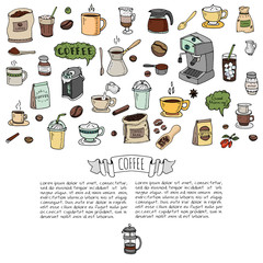 Hand drawn doodle Coffee time icon set Vector illustration isolated drink symbols collection Cartoon various beverage element: mug, cup, espresso, americano, irish, decaf, mocha, coffee making machine