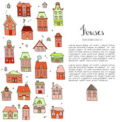 Hand drawn doodle street homes icons set. Vector illustration. Cottage symbol collection. Cartoon village buildings various sketch architectural elements: residential houses, housing, property