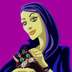 Cartoon blue witch and red cat. Vector illustration.