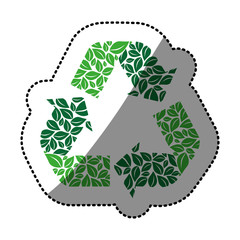 sticker green recycling symbol with arrows and formed by leafs vector illustration