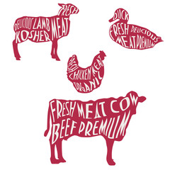 Red coloured Kosher meat vintage labels: lamb or young sheep, chicken or hen, duck, cow.